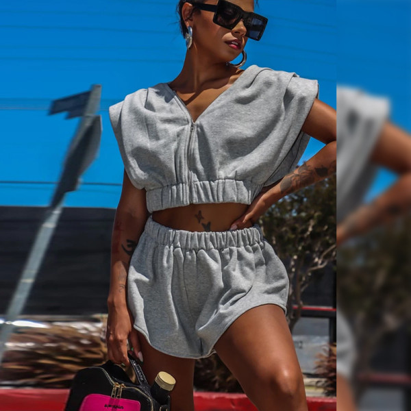 New style zipper cardigan jacket bag hip straight shorts casual suit K21S03651