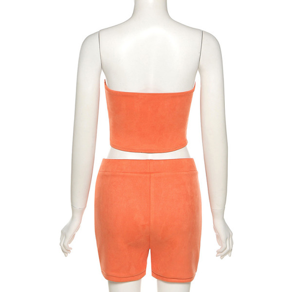 Summer women's new sexy low-cut one-word shoulder-wrapped chest vest and hip shorts casual suit K21S04399