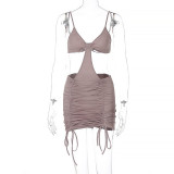 Sling solid color hollow pleated dress  D155344G