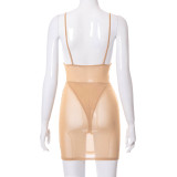 Summer new solid color mesh stitching sling V-neck halter perspective suit K21ST403