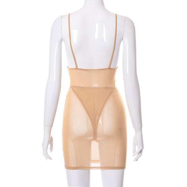 Summer new solid color mesh stitching sling V-neck halter perspective suit K21ST403