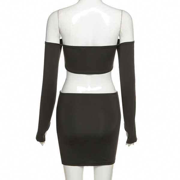 Summer Women's New Style Shoulder Halter Irregular Hollow Long Sleeve Short Dress K20D09064