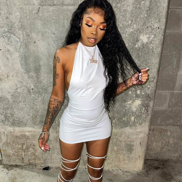 Nightclub style mini skirt, new tight sexy bag hip halter neck open back bright leather dress YJ21019