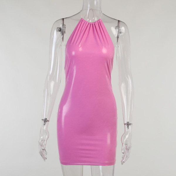 Nightclub style mini skirt, new tight sexy bag hip halter neck open back bright leather dress YJ21019