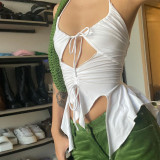 New summer fashion solid color U-neck halter lace-up hollow top T165467A
