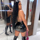 Nightclub style mini skirt, new tight sexy bag hip halter neck open back bright leather dress YJ21019