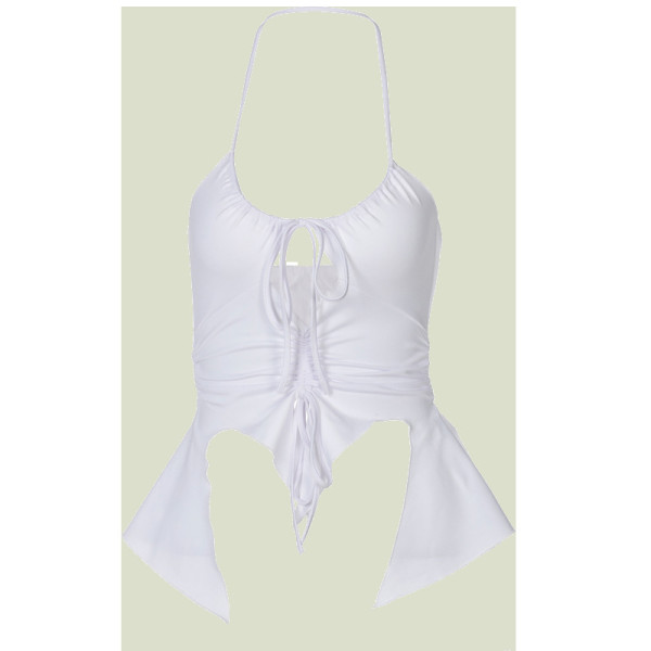 New summer fashion solid color U-neck halter lace-up hollow top T165467A