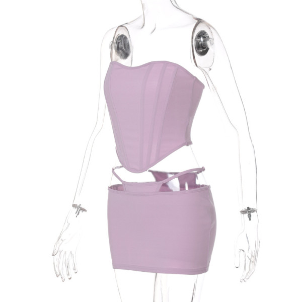 New solid color chest-wrapped sexy halter top tight-fitting buttocks short skirt two-piece suit S165371