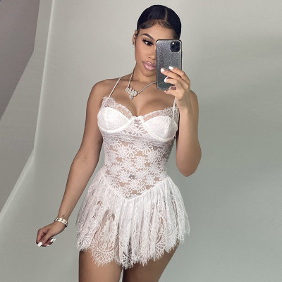 New solid color lace sling halter hollow sexy dress X21DS232