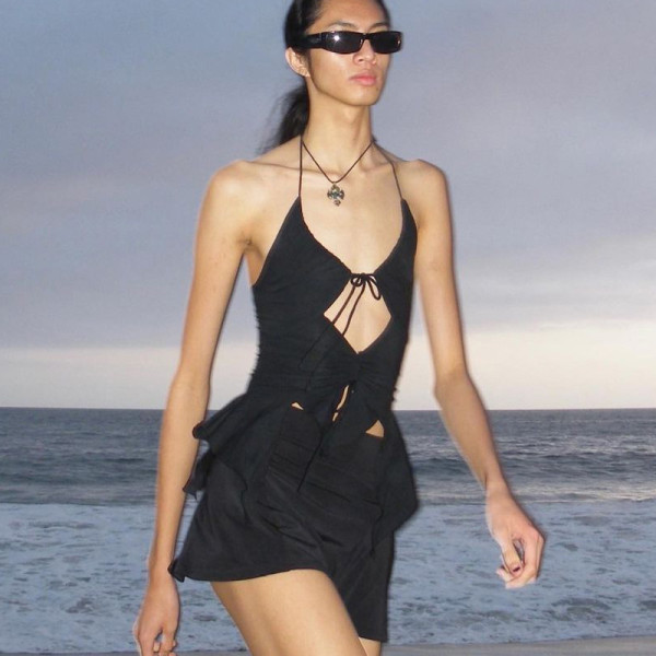 New summer fashion solid color U-neck halter lace-up hollow top T165467A