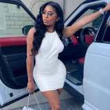 Nightclub style mini skirt, new tight sexy bag hip halter neck open back bright leather dress YJ21019