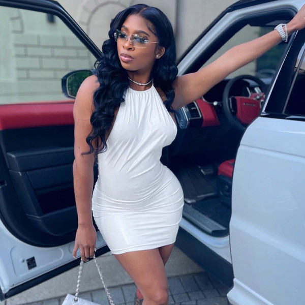 Nightclub style mini skirt, new tight sexy bag hip halter neck open back bright leather dress YJ21019