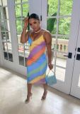 Fashion casual digital printing rainbow dress suspender skirt A8611