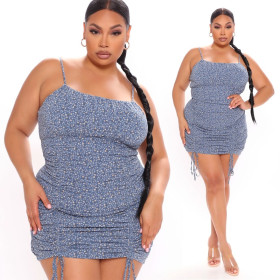 Plus size women's velvet feeling Zou sling print floral drawstring dress SC0302