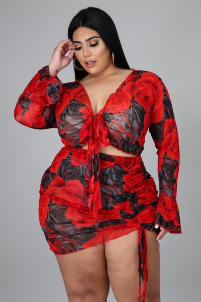 Printed suit drawstring long sleeve large size polyester net printing sexy nightclub two-piece suit N7228