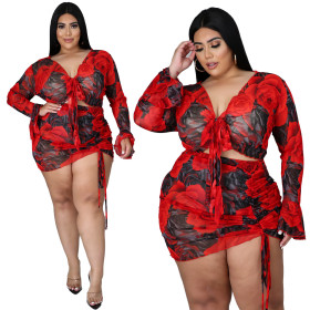 Printed suit drawstring long sleeve large size polyester net printing sexy nightclub two-piece suit N7228