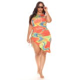 Plus size women's dress with printed round neck vest and split straps SC0308