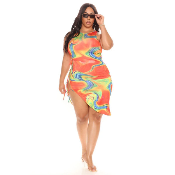 Plus size women's dress with printed round neck vest and split straps SC0308