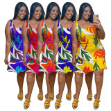 New women's printed mid-length sleeveless plus size dress N7073