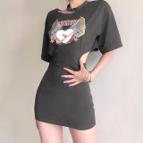 Sexy temperament solid color personalized print short-sleeved hip dress K21D00395