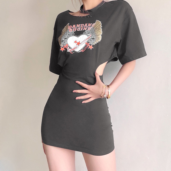 Sexy temperament solid color personalized print short-sleeved hip dress K21D00395