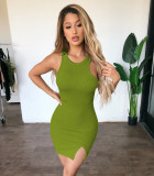 Pure color split dress casual super elastic soft hole dress J6208