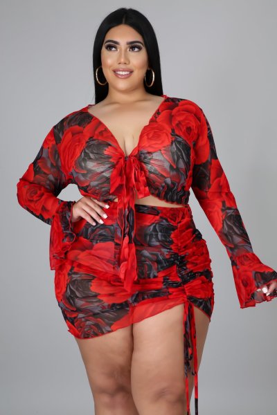 Printed suit drawstring long sleeve large size polyester net printing sexy nightclub two-piece suit N7228