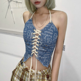 Personalized tie stitching letter printing halter neck lace small vest K21B02862