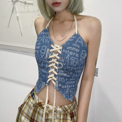 Personalized tie stitching letter printing halter neck lace small vest K21B02862
