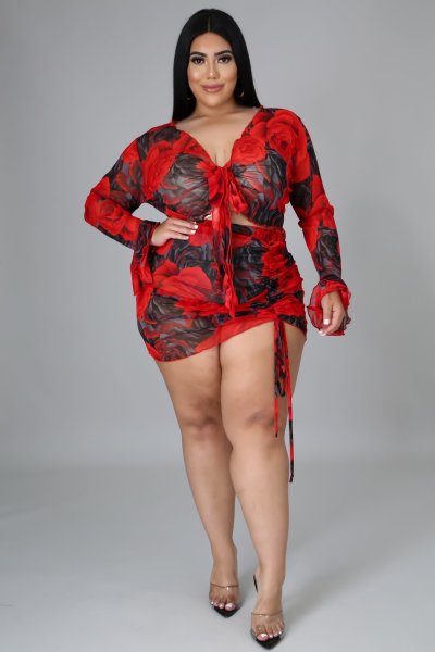 Printed suit drawstring long sleeve large size polyester net printing sexy nightclub two-piece suit N7228