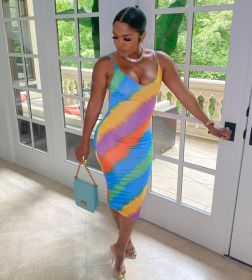 Fashion casual digital printing rainbow dress suspender skirt A8611