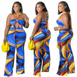 Plus size women's printed tube top halter neck cutout jumpsuit SC0314
