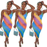 Fashion casual digital printing rainbow dress suspender skirt A8611