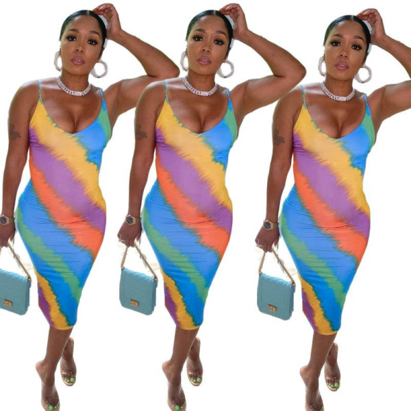 Fashion casual digital printing rainbow dress suspender skirt A8611