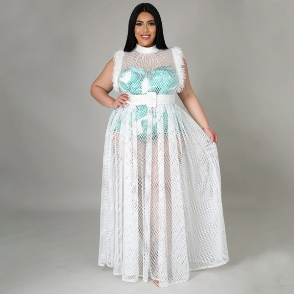 Women's temperament perspective sexy net yarn long skirt plus size dress two-piece suit N7135