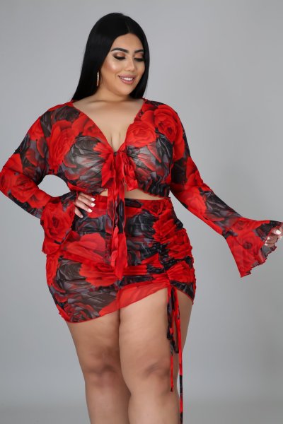 Printed suit drawstring long sleeve large size polyester net printing sexy nightclub two-piece suit N7228