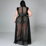 Women's temperament perspective sexy net yarn long skirt plus size dress two-piece suit N7135