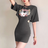 Sexy temperament solid color personalized print short-sleeved hip dress K21D00395