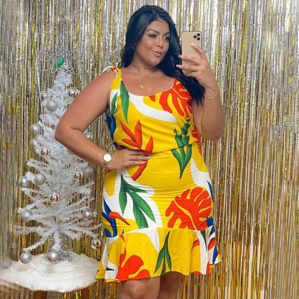 New women's printed mid-length sleeveless plus size dress N7073