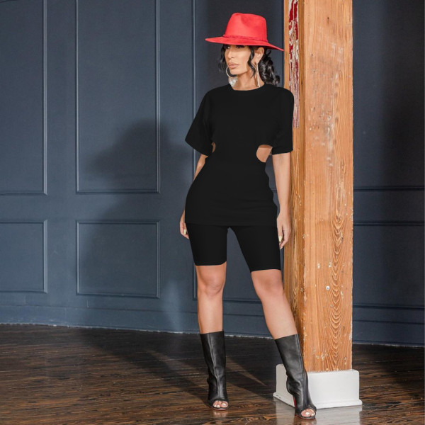 Fashion hollow zipper solid color two-piece suit H8972