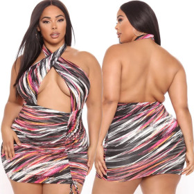 Plus size women's sexy printed halter neck cross one-piece drawstring hip bag SC0309