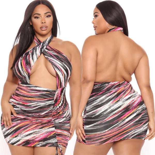 Plus size women's sexy printed halter neck cross one-piece drawstring hip bag SC0309