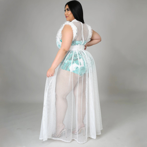 Women's temperament perspective sexy net yarn long skirt plus size dress two-piece suit N7135