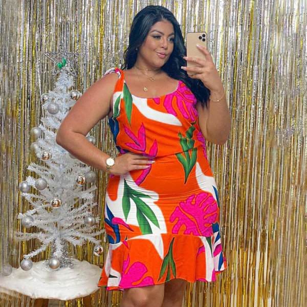 New women's printed mid-length sleeveless plus size dress N7073