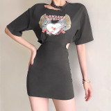 Sexy temperament solid color personalized print short-sleeved hip dress K21D00395