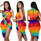 Sexy Rainbow Striped Hollow Twist Split Two-piece Set YF8020