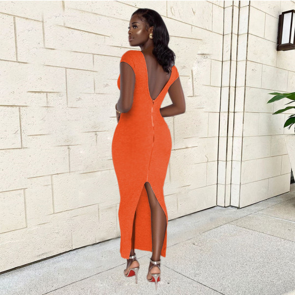 Temperament sexy solid color sleeveless V-neck back slit zipper long dress XT8897