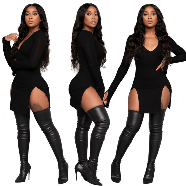 Solid color high waist V-neck split sexy nightclub style long sleeve dress W9305