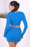 Lace-up long-sleeved sexy blouse with split buttocks miniskirt autumn two-piece suit W9318