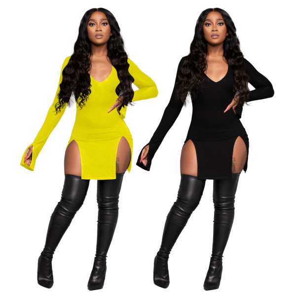 Solid color high waist V-neck split sexy nightclub style long sleeve dress W9305